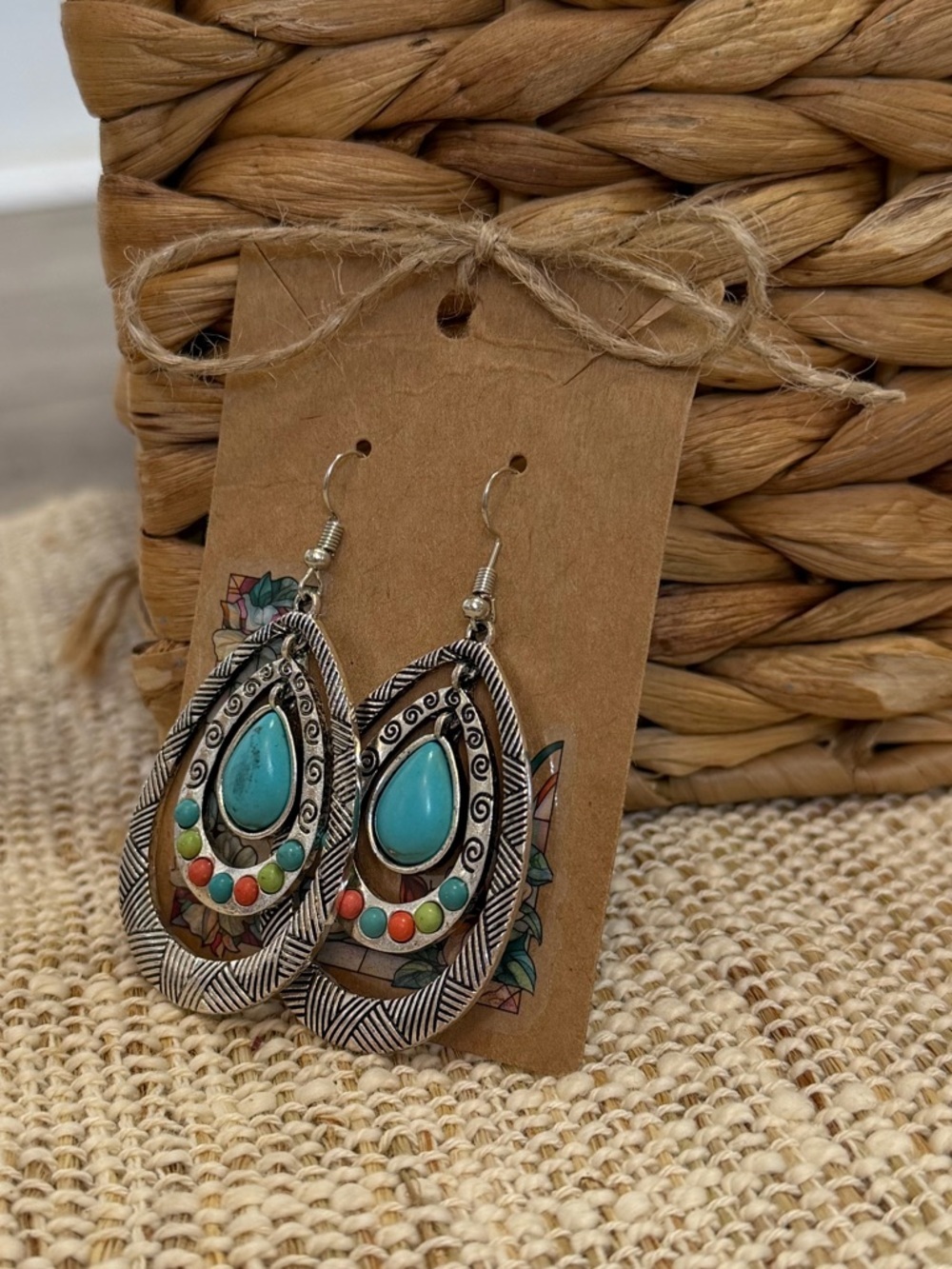 Boho Teardrop Turquoise Multicolor Stone Dangle Earrings - Picture 6 of 10